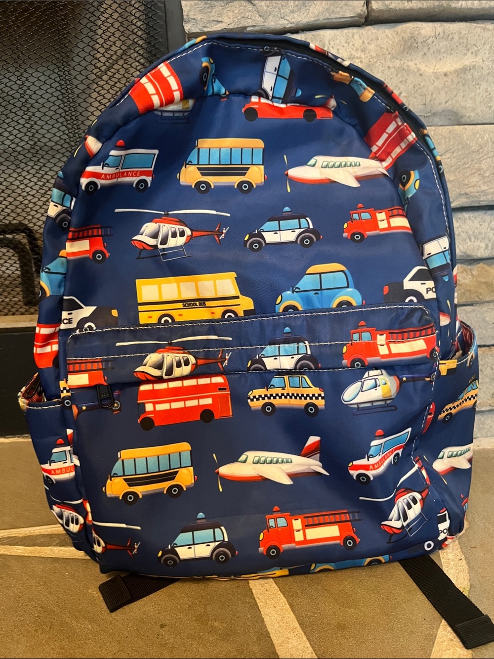 Kids Navy Blue Transport Print Backpack
